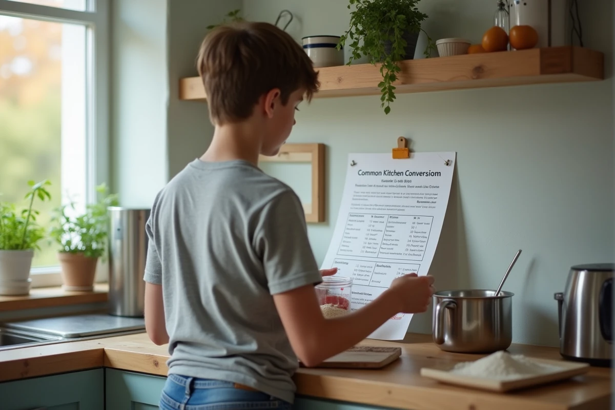 Adolescent vérifiant un tableau de conversion cuisine