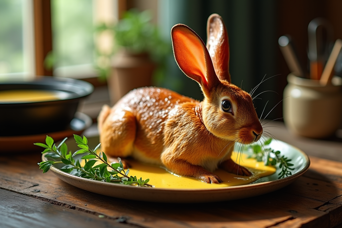Rôti de lapin doré avec sauce moutarde crémeuse sur table rustique