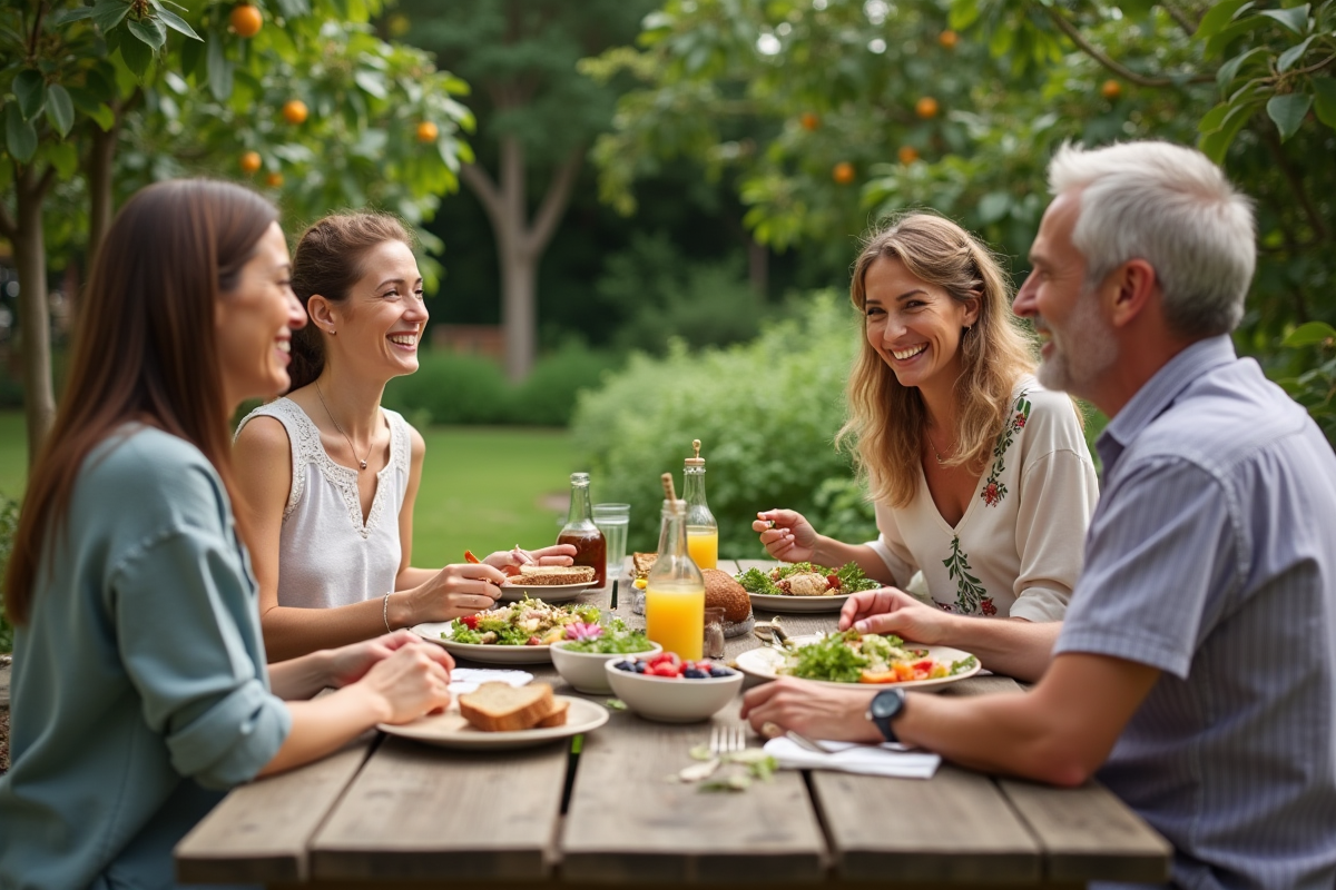 Groupe d amis partageant un repas bio dans un jardin verdoyant