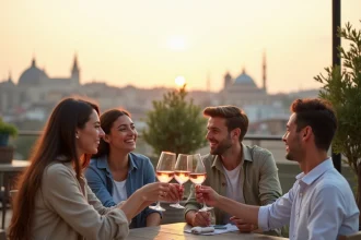 Groupe d'amis qui trinquent en terrasse avec vue panoramique sur les toits de la ville lors d'un apéro au coucher du soleil