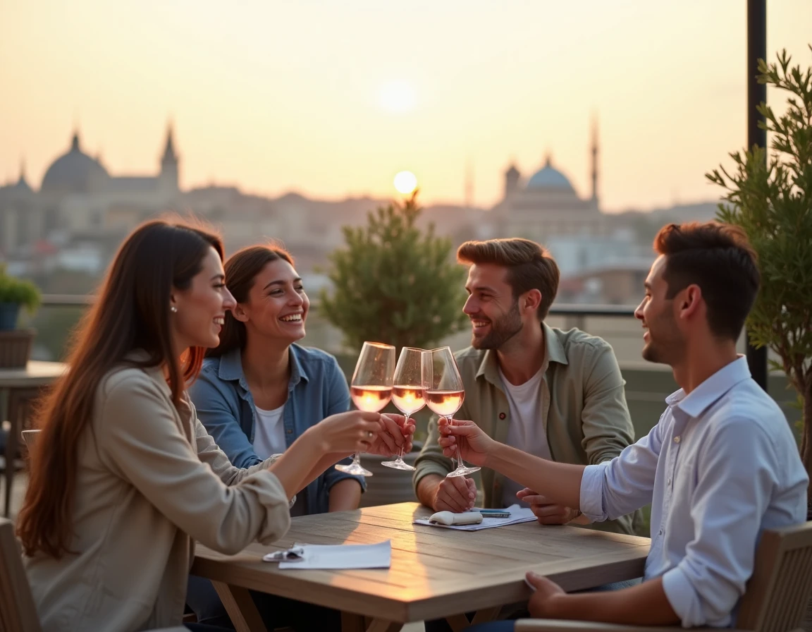 Groupe d'amis qui trinquent en terrasse avec vue panoramique sur les toits de la ville lors d'un apéro au coucher du soleil