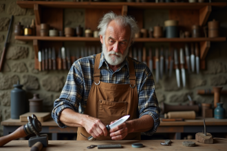 Artisan français âgé inspectant un couteau traditionnel