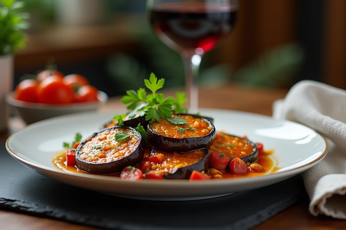Assiette d'aubergines au four sauce tomate et ail servie avec un verre de vin rouge pour un dîner du soir