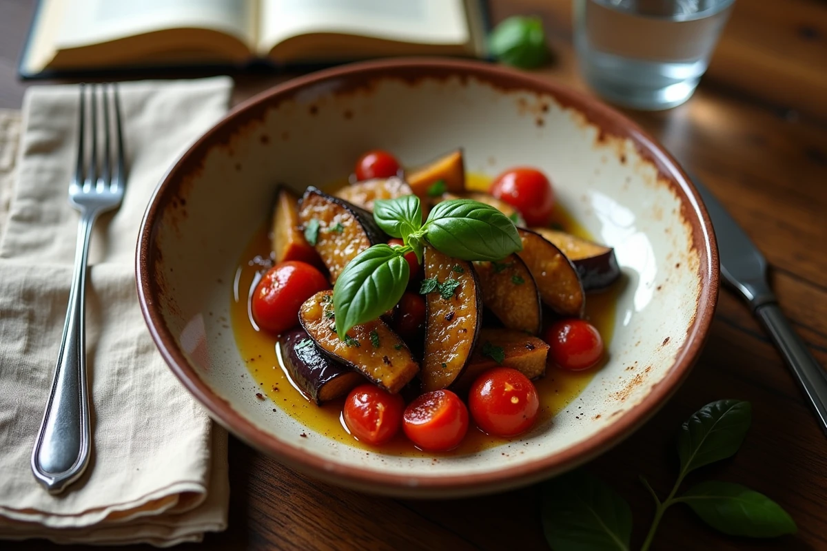Assiette d'aubergines sautées aux tomates et herbes fraîches, repas économique pour étudiant