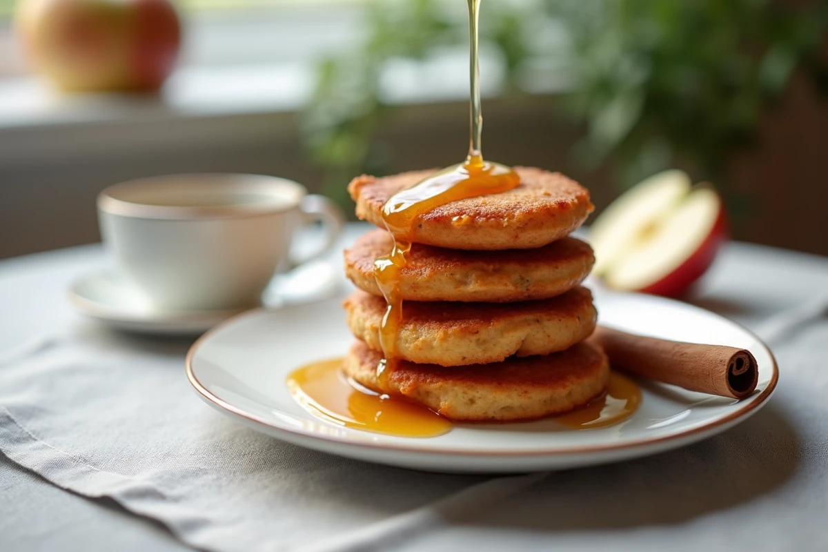 Assiette de beignets aux pommes faits maison nappés de miel sur une table petit-déjeuner, recette express en 20 minutes