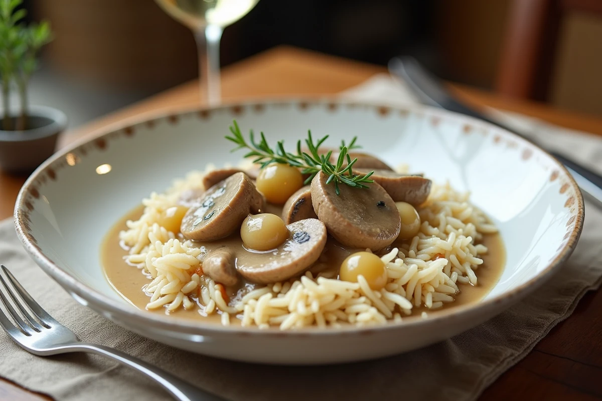 Assiette de blanquette de veau servie avec du riz sur une table en bois rustique avec un verre de vin blanc