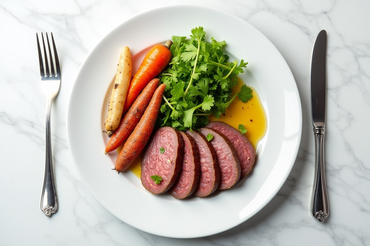 Assiette moderne avec boudin noir et légumes colorés