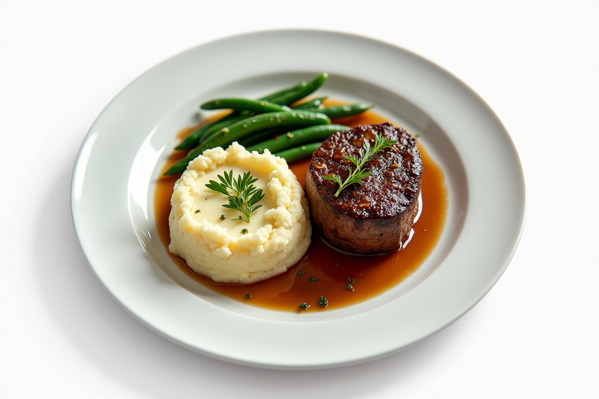 Assiette de filet mignon avec purée et haricots verts