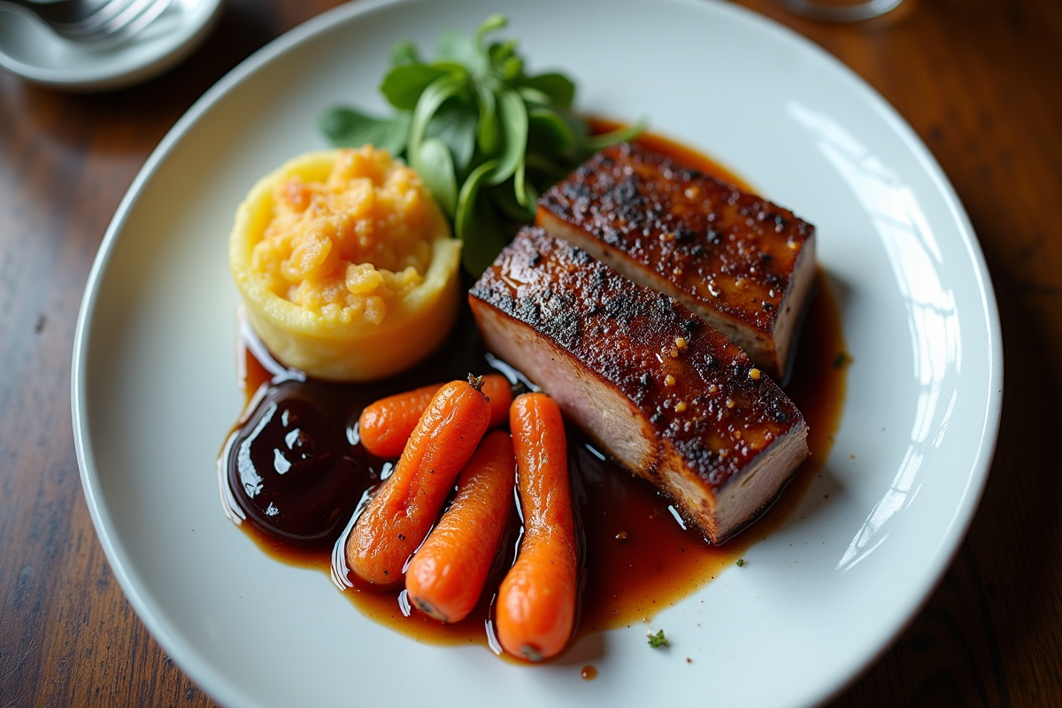 Assiette élégante de magret de canard avec accompagnements raffinés