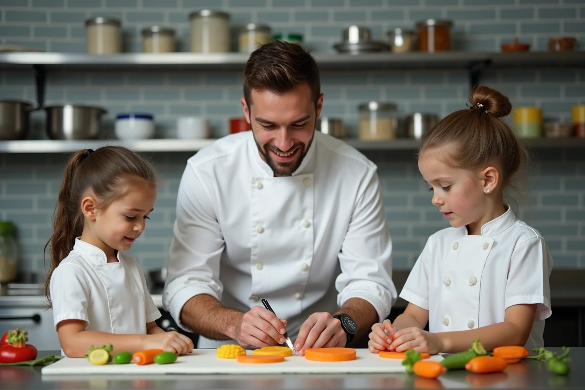 Chef pâtissier guidant des enfants dans la réalisation de légumes en massepain lors d'un atelier culinaire