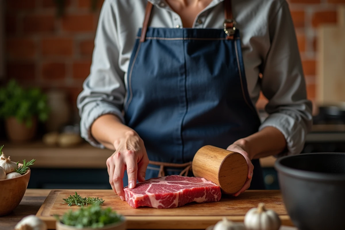 Femme attendrissant un steak cru avec un maillet en bois sur une planche de cuisine rustique