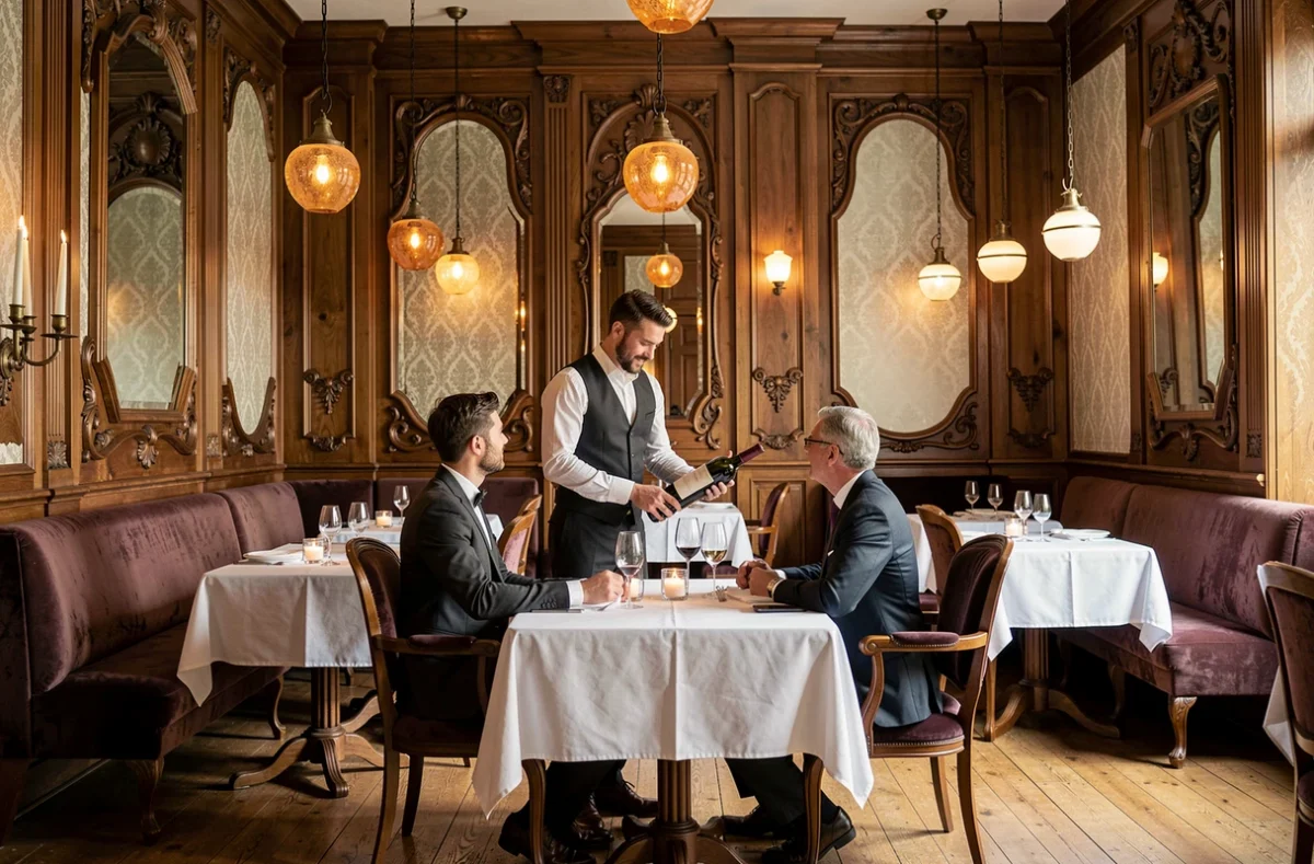 Salle de restaurant Au Crocodile à Strasbourg avec décor Art Nouveau alsacien et sommelier au service