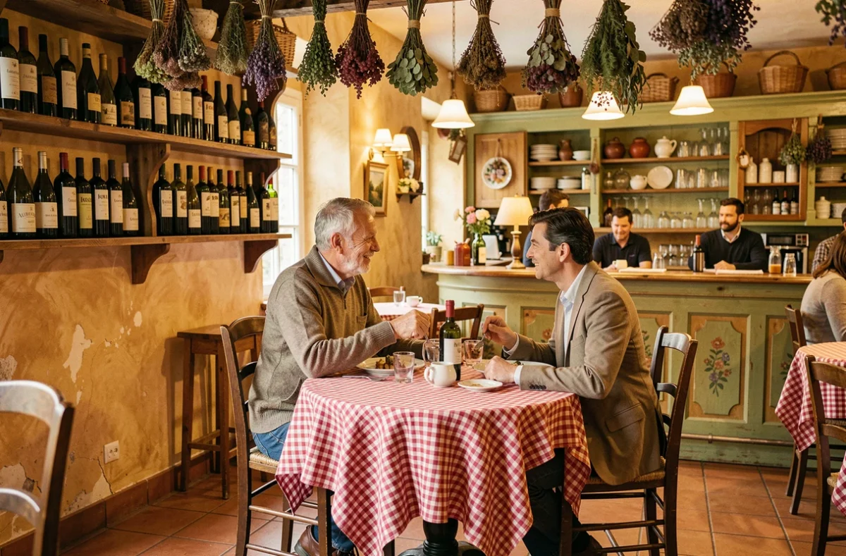 Couple partageant un repas à L'Aubergade dans une ambiance de bistrot provincial, avec carrelage en terre cuite et bouteilles de vin sur des étagères en bois.