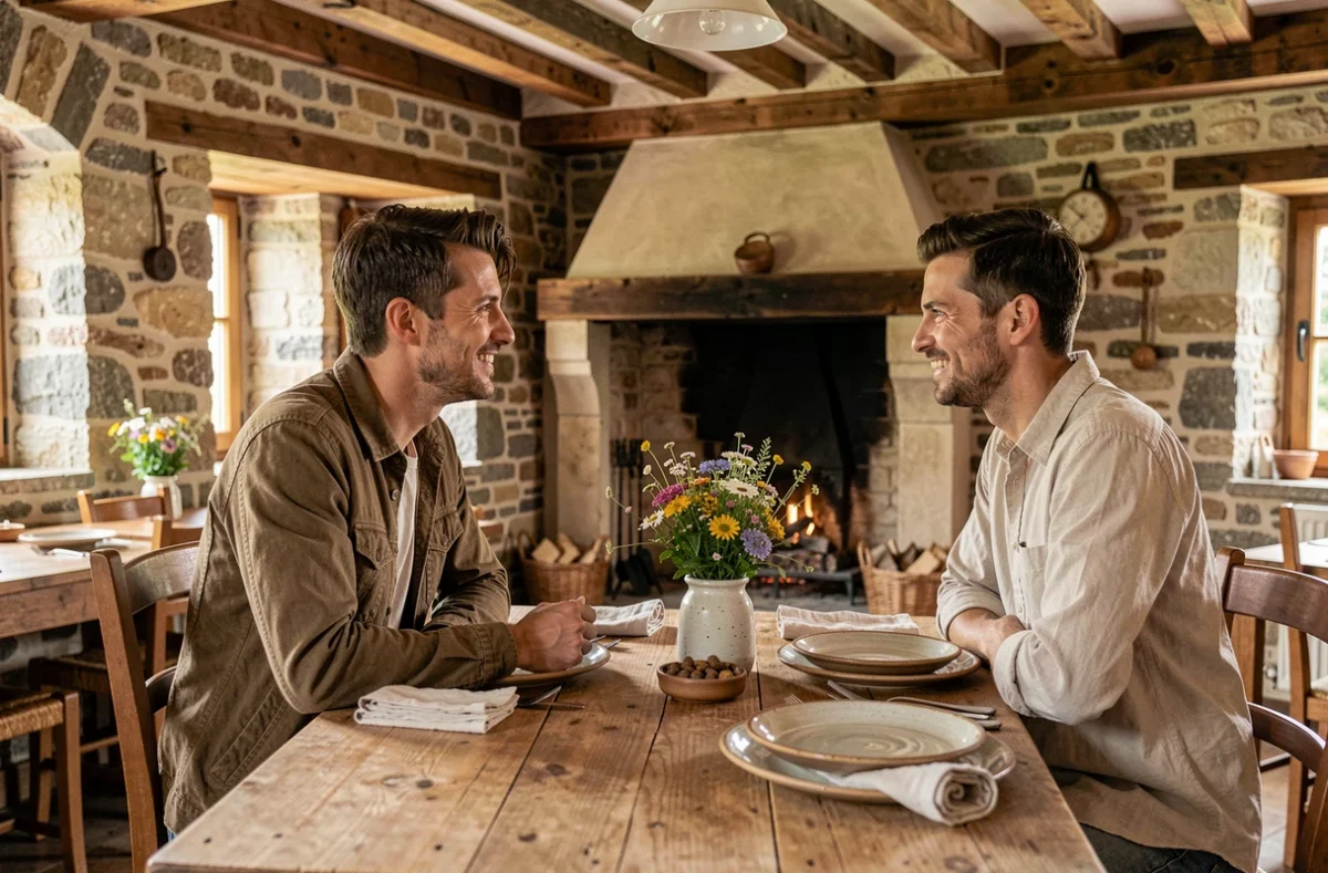 Couple attablé dans la salle rustique de l'Auberge de la Grive à Trosly-Loire, avec murs en pierre et cheminée traditionnelle en arrière-plan.