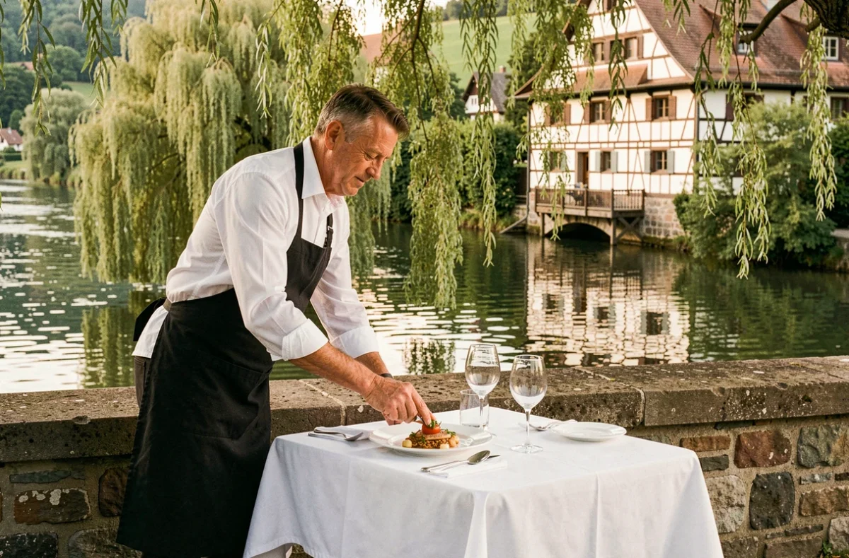 Terrasse de l'Auberge de l'Ill à Illhaeusern avec vue sur la rivière et service en salle