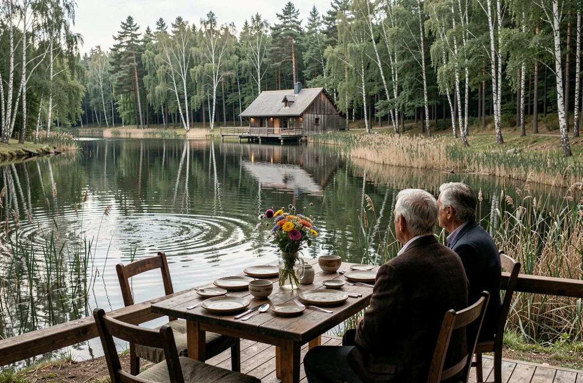 Couple attablé sur la terrasse en bois de l'Auberge des Mille Étangs, face à un étang forestier paisible reflétant les arbres environnants.