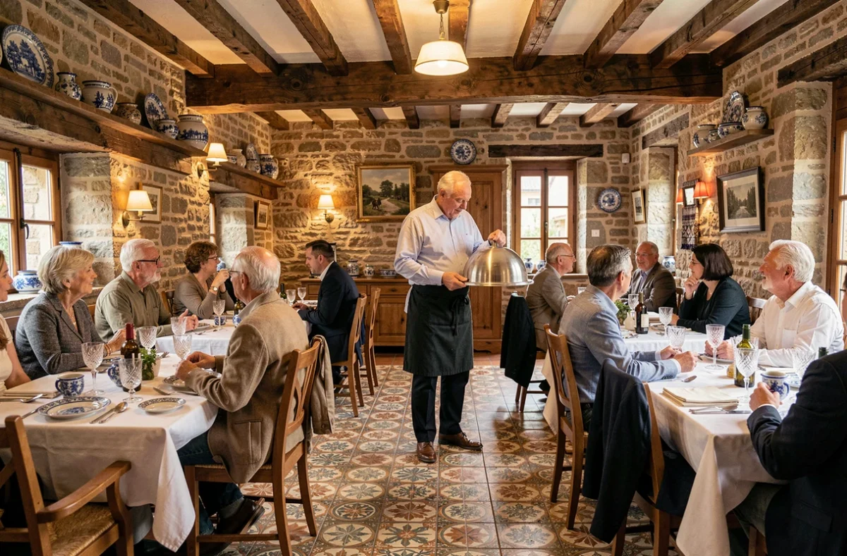 Salle à manger de l'Auberge Saint-Walfrid à Sarreguemines avec décor lorrain et faïence régionale