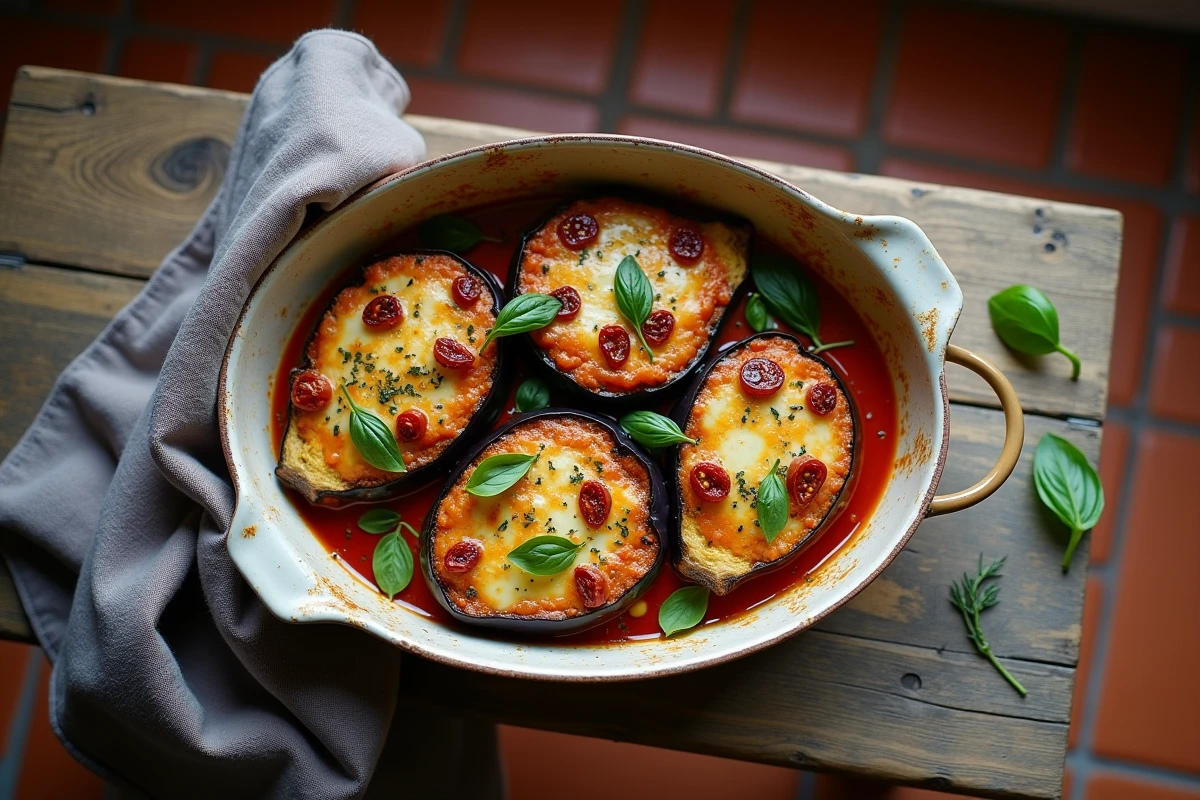 Aubergines rôties au four gratinées au fromage dans un plat en céramique rustique, vue de dessus sur table en bois