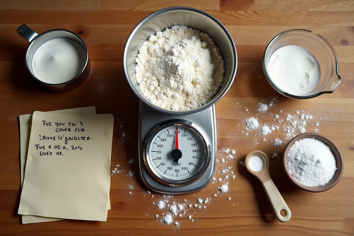 Vue du dessus d'une balance de cuisine entourée d'ingrédients de pâtisserie pesés avec précision sur une table en bois