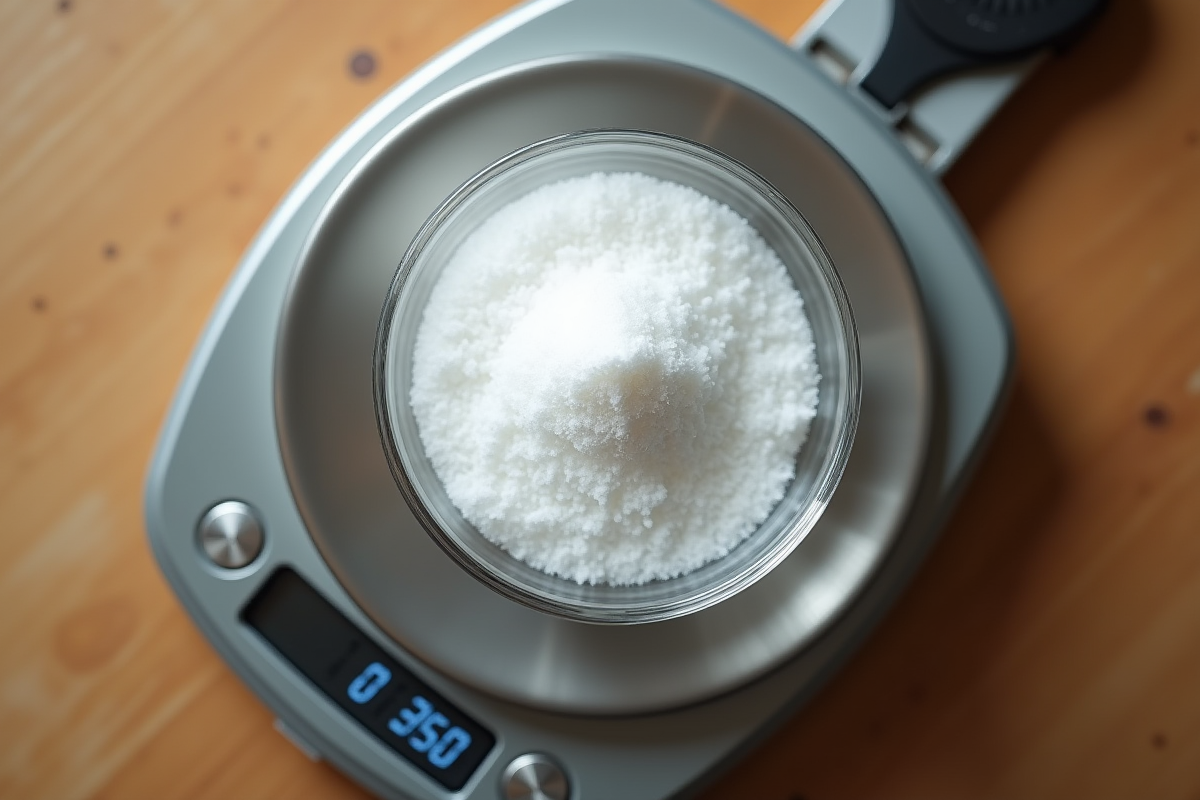 Balance de cuisine pesant un bol de sucre blanc