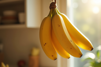 Bananes mûres suspendues dans la cuisine avec lumière du matin