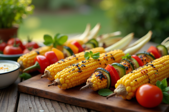 Table barbecue d'été avec maïs grillé et légumes frais