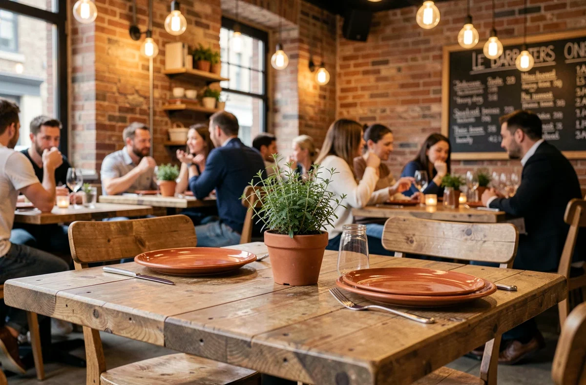 Table dressée au Barboteur à Lille dans une salle de style industriel chic avec briques apparentes, boiseries récupérées et ardoise des suggestions.