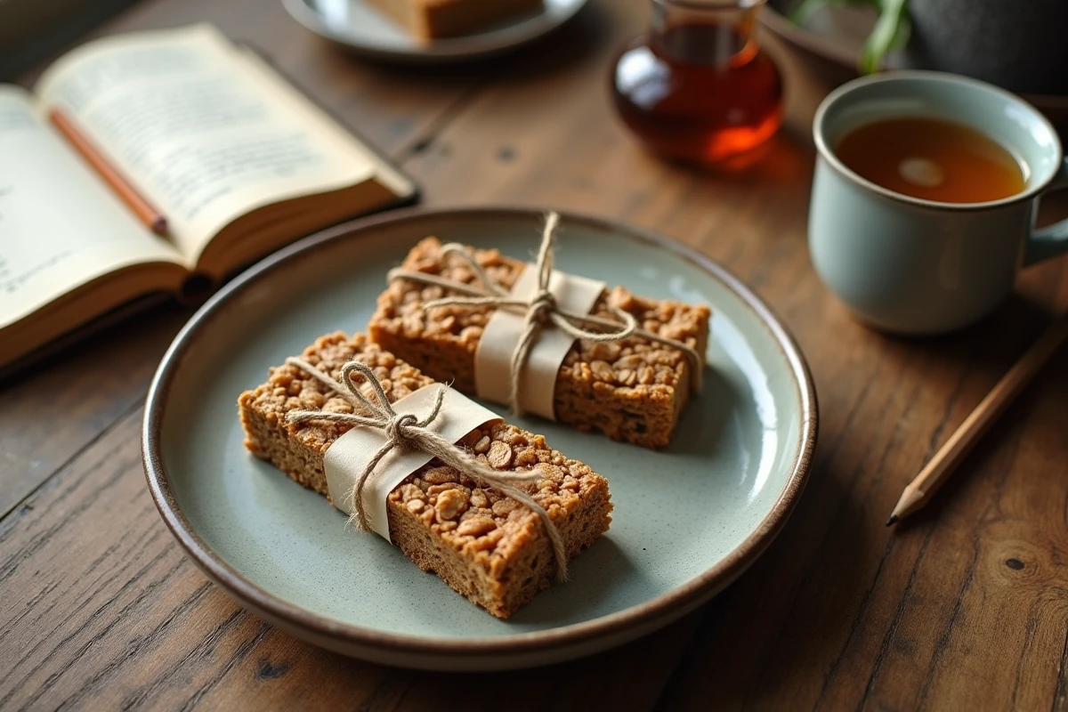 Barres de céréales maison enveloppées dans du papier parchemin et de la ficelle sur une assiette céramique avec un carnet de recettes manuscrit