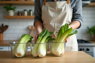 Femme préparant des endives en batch cooking dans des boîtes en verre sur un plan de travail en bois