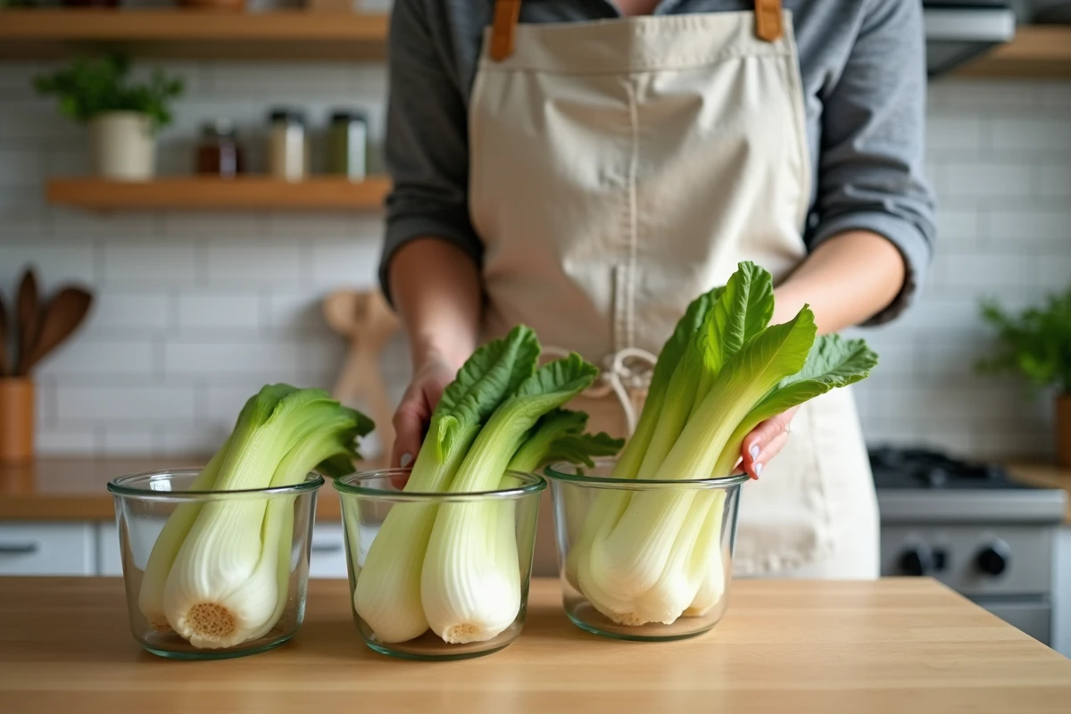 Femme préparant des endives en batch cooking dans des boîtes en verre sur un plan de travail en bois