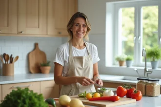 Femme préparant des repas en batch cooking avec des contenants organisés sur un plan de travail en marbre blanc dans une cuisine moderne