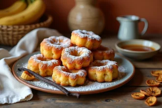 Assiette de beignets à la banane au rhum et à la vanille saupoudrés de sucre glace, posée sur une table en bois rustique avec une gousse de vanille et une sauce caramel au rhum