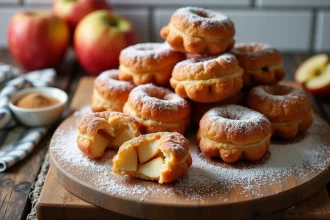 Beignets aux pommes express dorés et saupoudrés de sucre glace sur une planche en bois rustique, recette prête en moins de 20 minutes