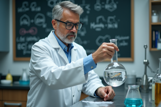 Biochemiste en laboratoire examinant un mélange en flacon