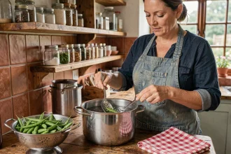 Femme en tablier blanchissant des haricots verts frais dans une grande casserole sur un plan de travail en bois rustique, étape clé avant congélation