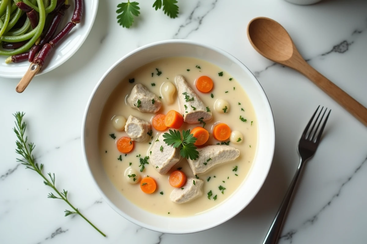 Gros plan aérien d'une blanquette de veau crémeuse dans le bol du Thermomix sur un plan de travail en marbre