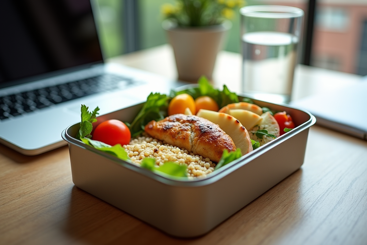 Boite repas saine avec poulet et fruits sur un bureau lumineux