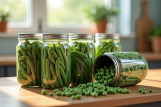 Plusieurs boîtes de haricots verts sur un plan de travail en bois