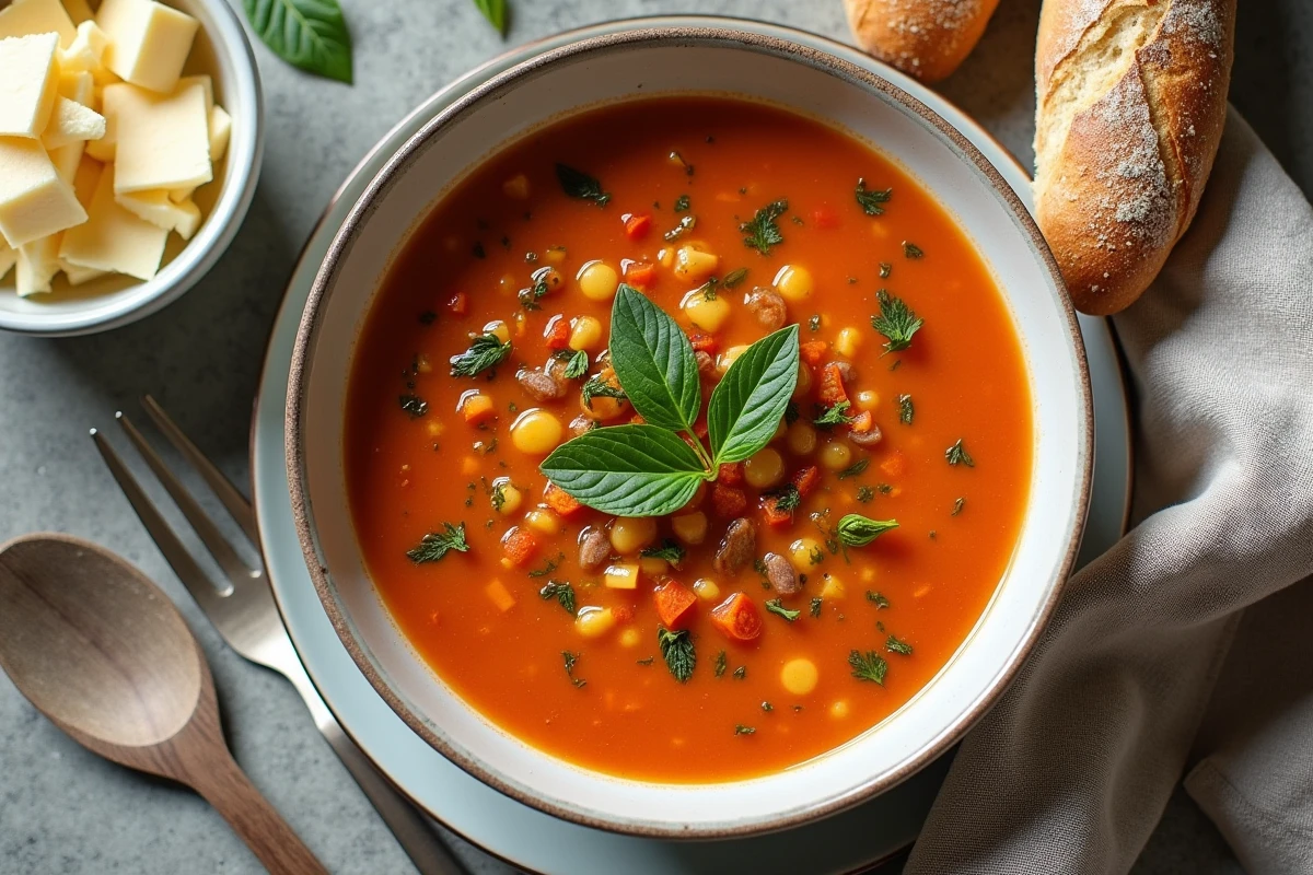Bol de soupe pistou avec baguette et parmesan sur la table