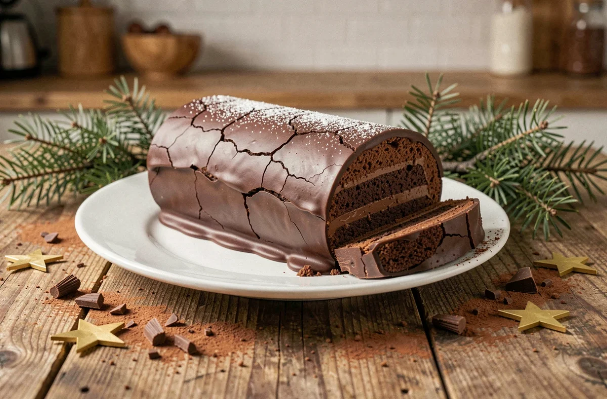 Bûche de Noël aux trois chocolats posée sur une assiette blanche avec une tranche révélant les couches de chocolat noir, au lait et blanc