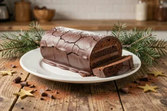 Bûche de Noël aux trois chocolats posée sur une assiette blanche avec une tranche révélant les couches de chocolat noir, au lait et blanc
