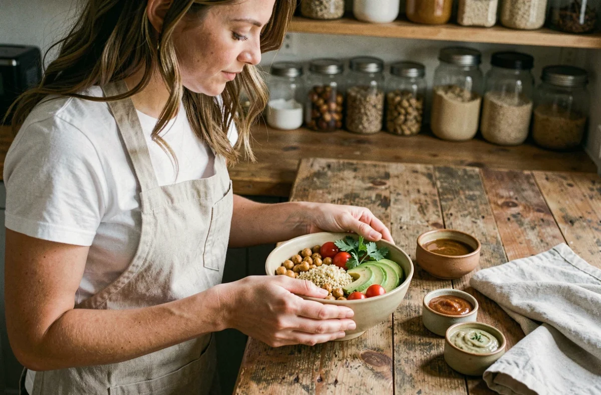 Femme préparant un Buddha bowl végétarien coloré avec quinoa, pois chiches et avocat dans une cuisine rustique