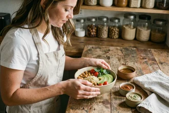 Femme préparant un Buddha bowl végétarien coloré avec quinoa, pois chiches et avocat dans une cuisine rustique