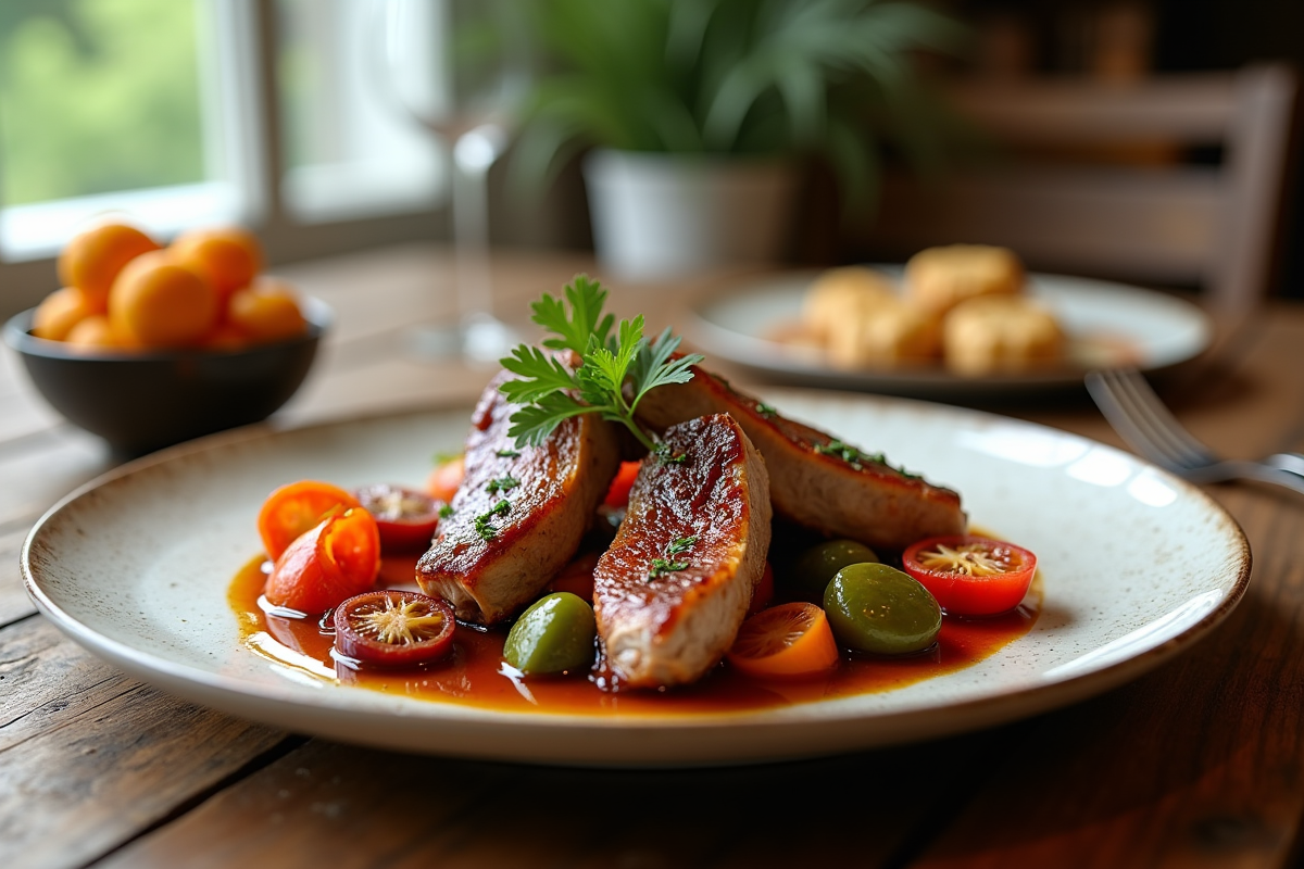 Canard cuit avec légumes colorés sur une table en bois rustique