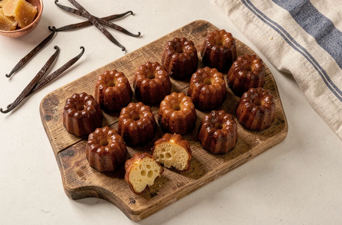 Canelés bordelais fraîchement cuits posés sur une planche en bois avec des gousses de vanille et un bol en cuivre dans une cuisine maison