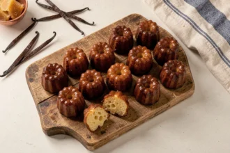 Canelés bordelais fraîchement cuits posés sur une planche en bois avec des gousses de vanille et un bol en cuivre dans une cuisine maison