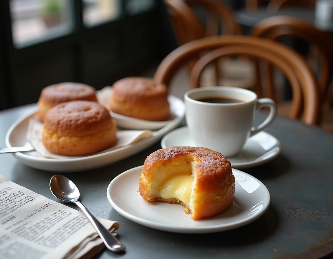 Canelés sans lactose coupés en deux servis avec un café sur une table de bistrot parisien en zinc
