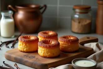 Canelés sans lactose fraîchement cuits disposés sur une planche en bois rustique avec gousse de vanille et lait de coco
