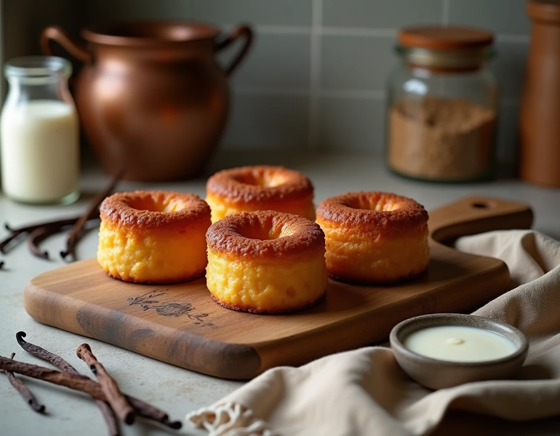 Canelés sans lactose fraîchement cuits disposés sur une planche en bois rustique avec gousse de vanille et lait de coco