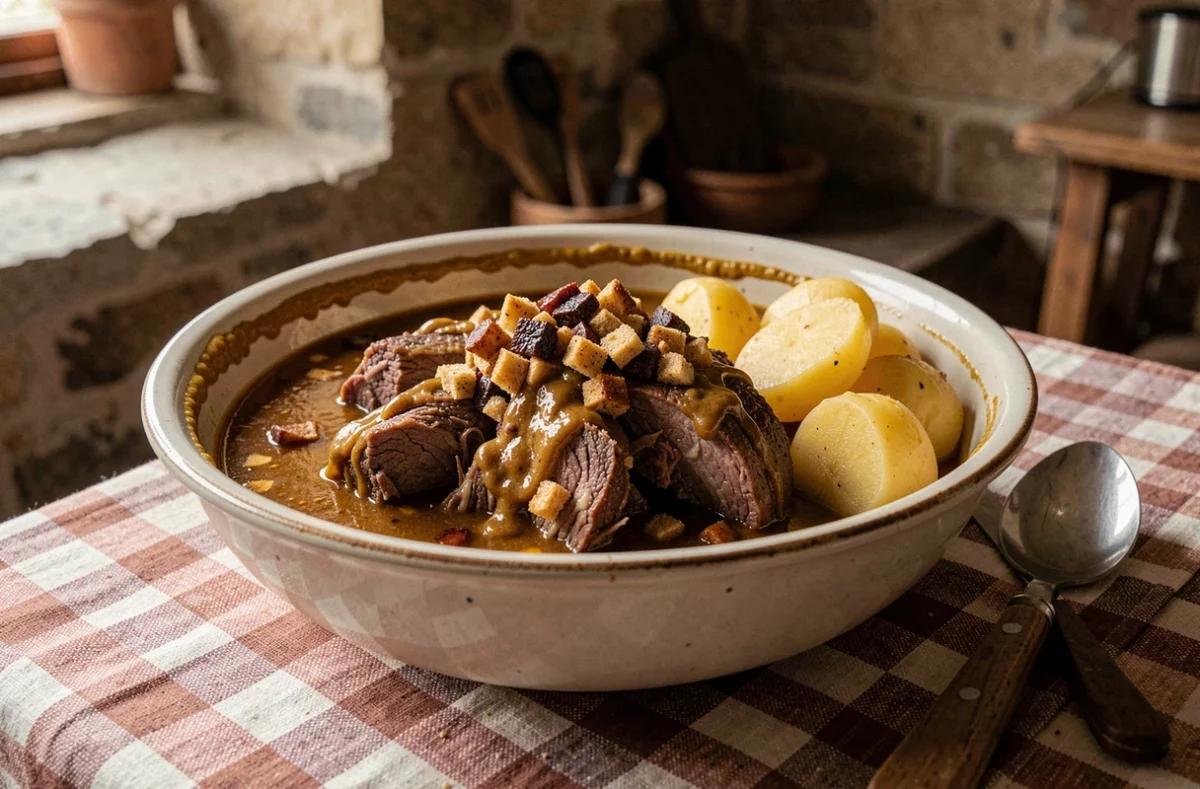 Bol de carbonade flamande servie avec pommes de terre vapeur et moutarde à l'ancienne dans une cuisine de campagne belge